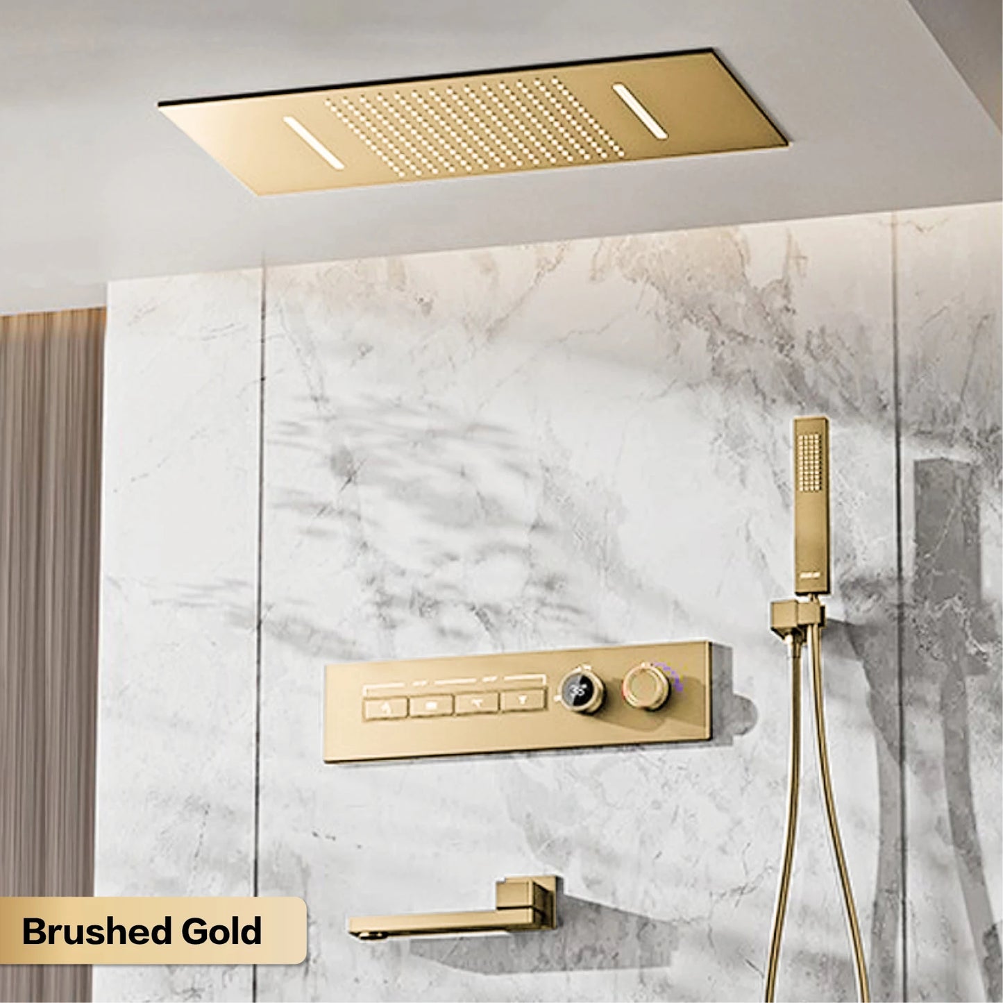 Modern brushed gold brass LED digital ceiling embedded shower system. Thermostatic 4-function waterfall/rain shower bathroom Tap