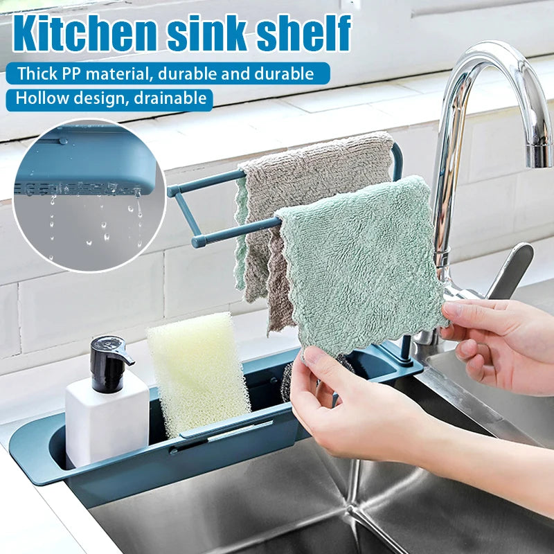 Telescopic Sink Shelf Kitchen Drainer Rack Organizer Soap Sponge Holder Towel Rack Storage Organizer Basket Gadgets Accessories