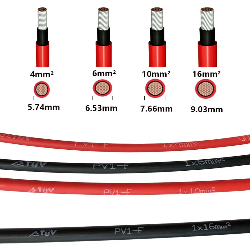 1Pair of Solar Extension Cables with Pair of Male and Female Connectors 10/12/14/16AWG Tinned Copper Solar Cables for PV Systems
