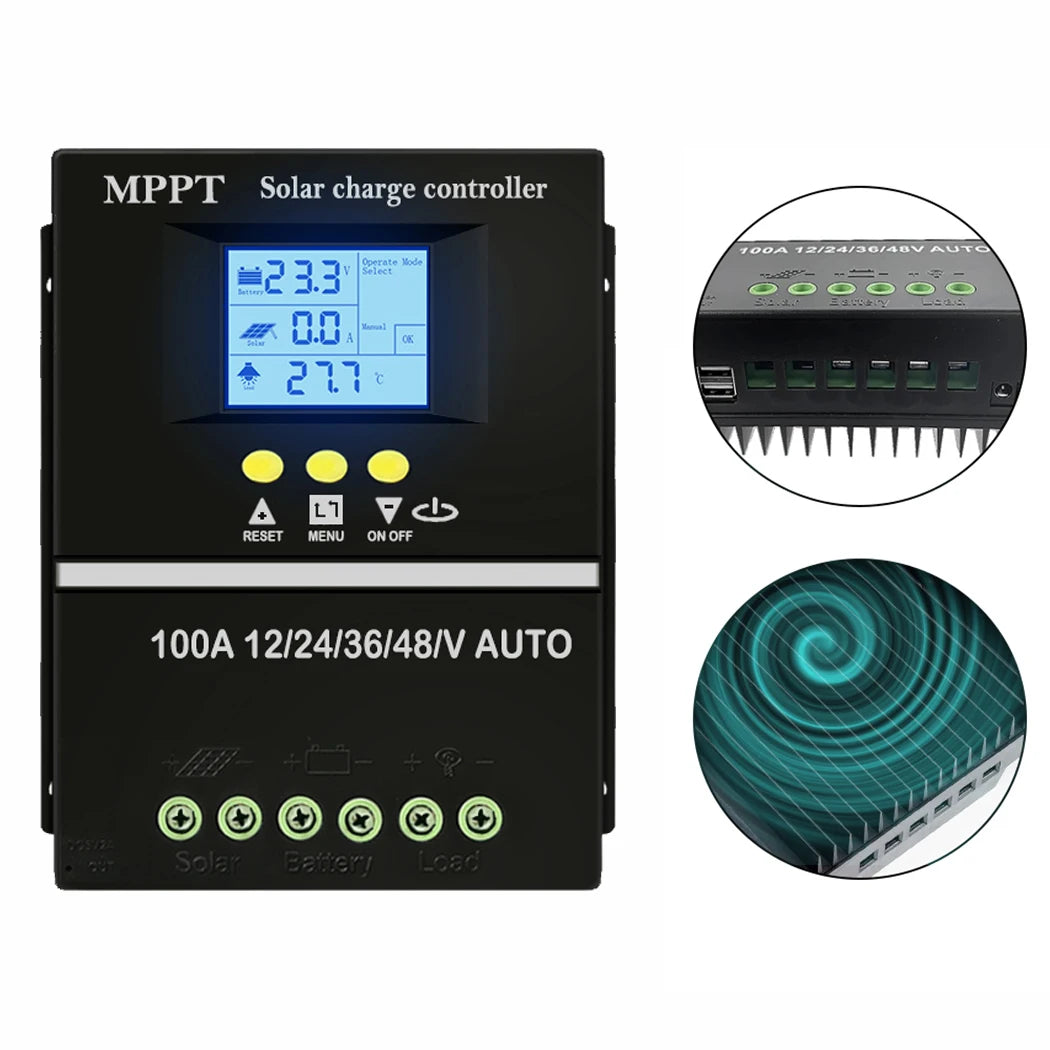 Y&H MPPT 60A 80A 100A Solar Charge Controller with LCD Dual USB Output, 12V 24V 36V 48V Lead Acid Lithium Batteries Charger