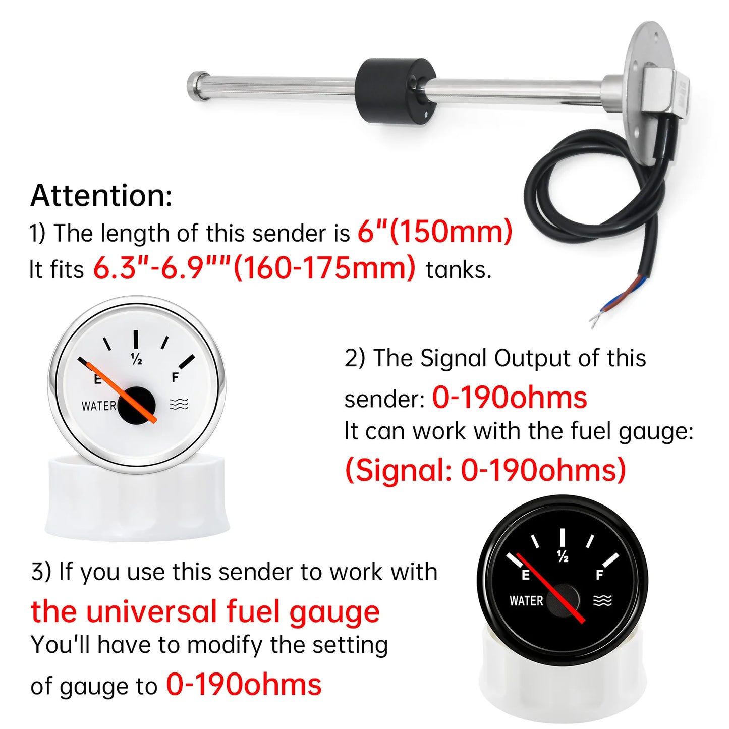 Water Level Sensor+52mm Water Level Meter Tank Indicator With Red Backlight 0-190Ohm Water Level Gauge for Car Boat 9-32V Custom