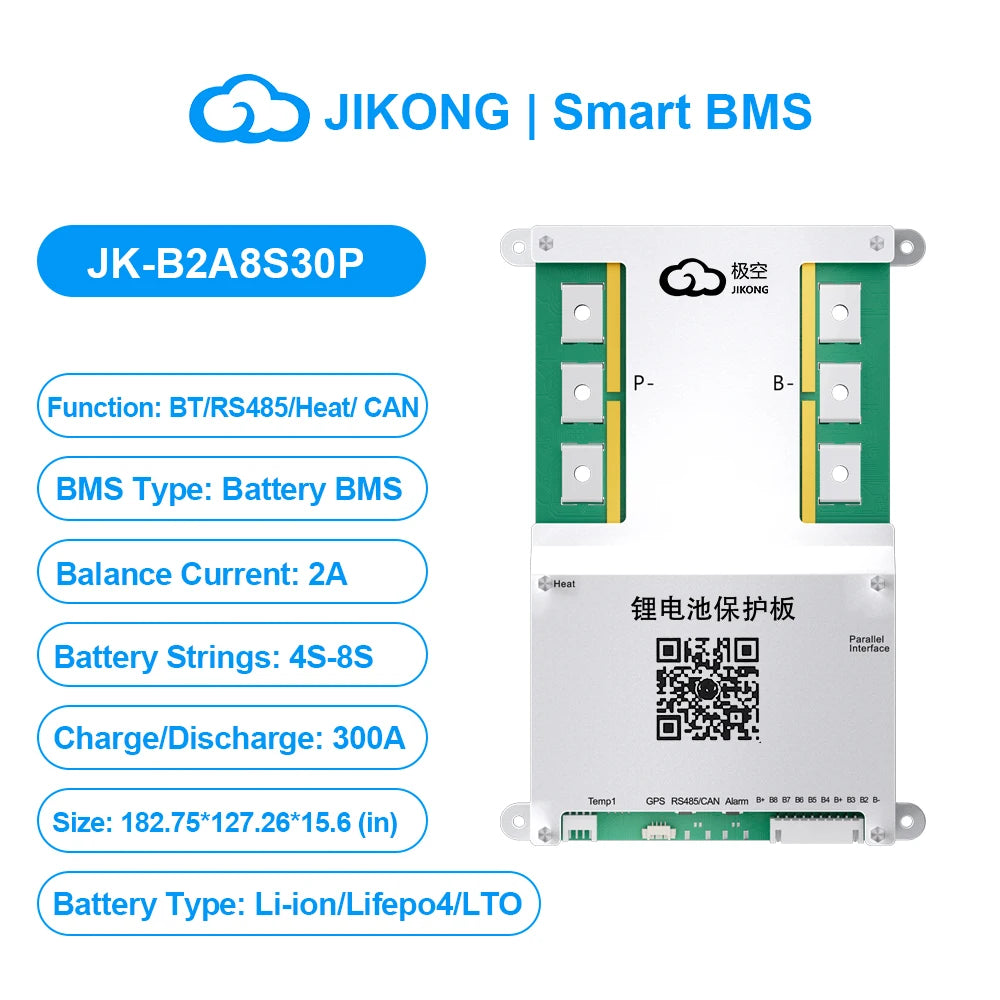 JKBMS B2A8S30P 4S 5S 6S 7S 8S 12V 24V Smart BMS CANBUS HEAT 2A Active Balance Current 300A for Li-ion LiFePO4 Lto Battery JIKONG