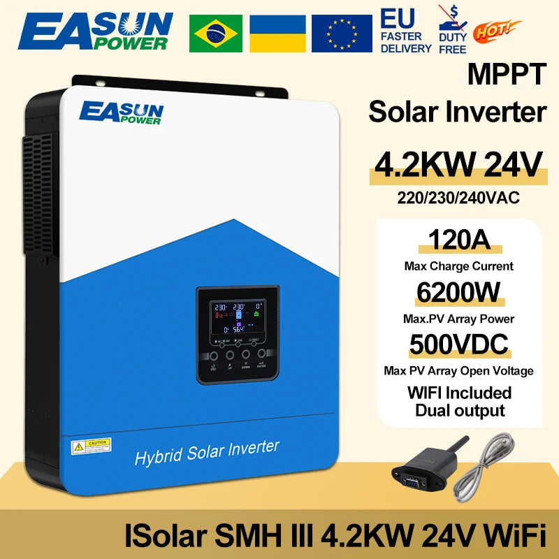 Easun 4.2KW 6.2KW solar inverter 24VDC 48vDC hybrid mppt 6200W pure sine wave hybrid charge controller 120A off grid On Grid New