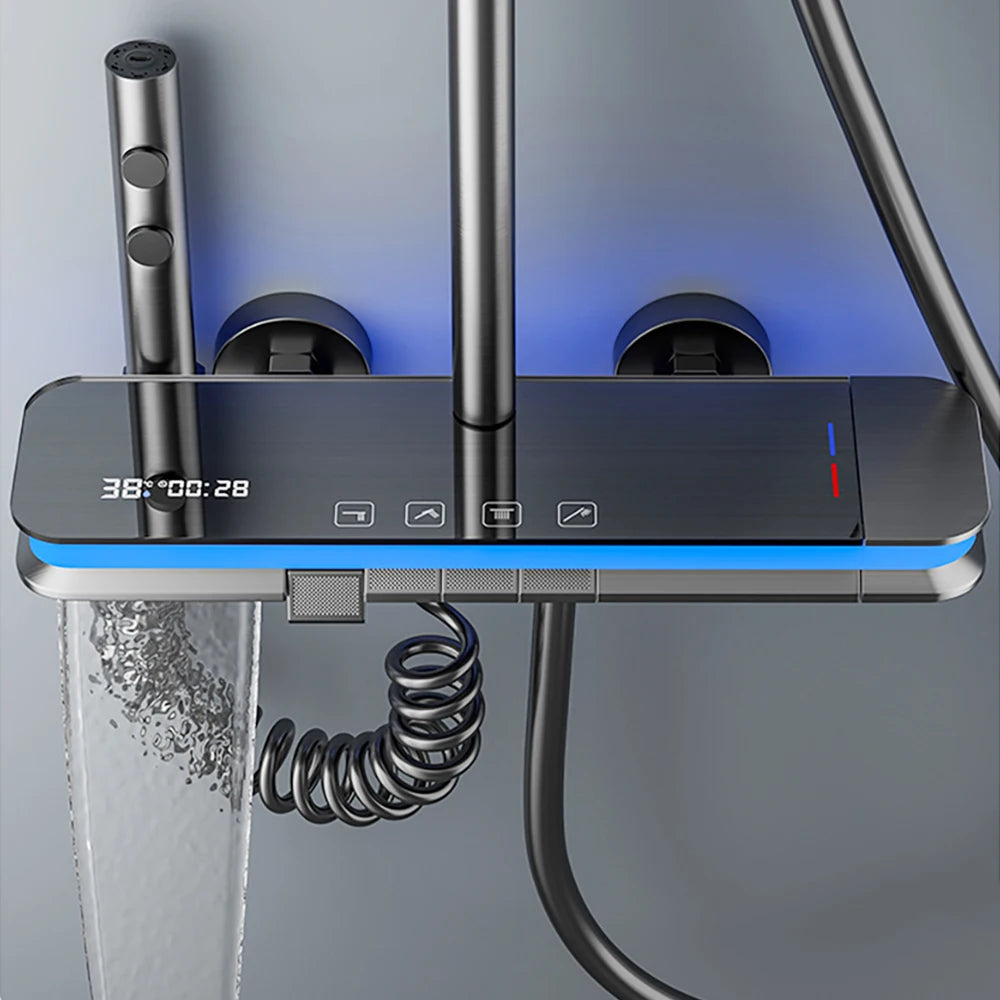 Bathroom Smart Shower System Set Temperature Digital Display LED Bathtub Rainfall Mixer Brass Shower Faucet Full Set with Lights
