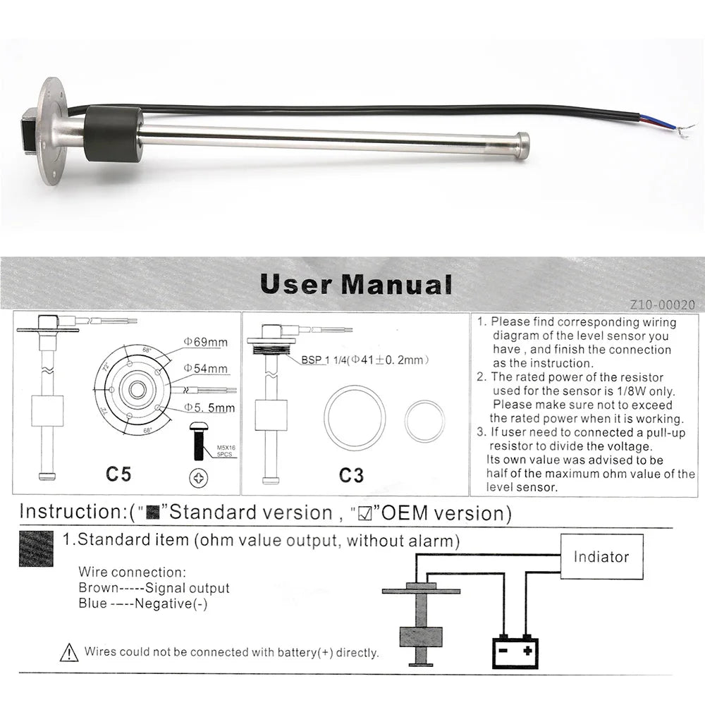 Water Level Gauge Water Level Sensor 52mm Water Level Meter Indicator With Red Light 100-500mm 0-190 Ohm Sensor 12V24V Custom