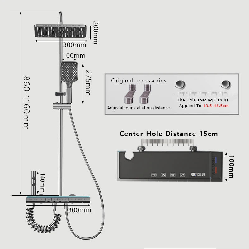 Modern Bathrooms Shower System Set Glass Panel Bathtub Rain LED Display Rainfall Shower Mixer Tap Thermostatic Faucet with Light