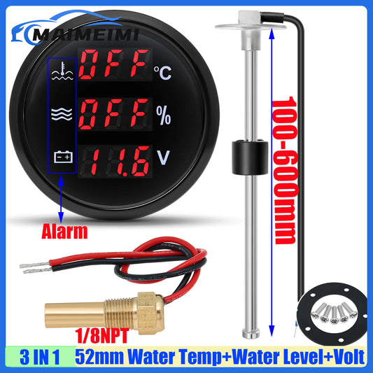 Red Backlight Digital 52mm Gauge Multifunctional Water Temp+Water Level+Voltage with Alarm Sensor for Car Boat Yacht DC12V 24V