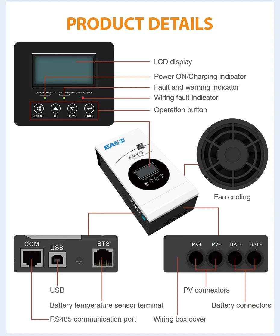 80A MPPT Solar Charge Controller 12V/24V/36V/48V Battery Charger 150VDC Back-light LCD Solar Regulator Short Circuit Protection