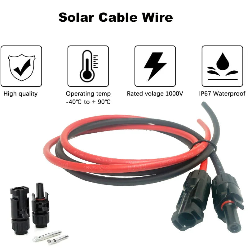1Pair of Solar Extension Cables with Pair of Male and Female Connectors 10/12/14/16AWG Tinned Copper Solar Cables for PV Systems