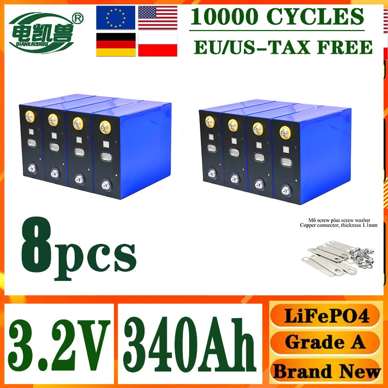 DIANKAISHOU  A-grade 3.2V 340AH 10000 cycles Lifepo4 rechargeable battery DIY 12V 24V 48V electric boat solar system tax-free