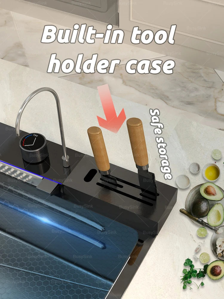 100x50cm Stainless Steel Waterfall Kitchen Sink With Knife Holder Digital Display Faucet Set Embossed Extra Large Single Slot