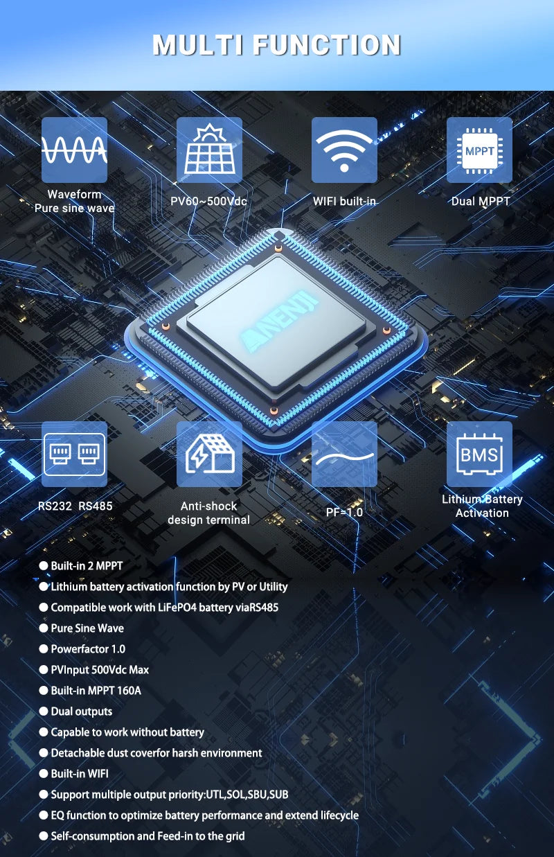 Hybrid Solar Inverter 11KW 6.2KW 4.2KW 2KW MPPT Pure Sine Inverter 48V 24V 12V Built-in 160A 120A 100A  Solar Charger PV 500VDC