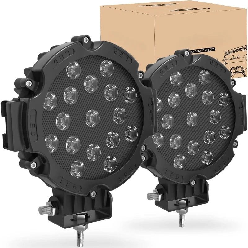2PCS 7 Inch 51W Round LED Offroad Lights, 5100LM Spot Driving Light Pod Bumper Roof Fog Light Fit for Boat, Jeep, ATV, SUV