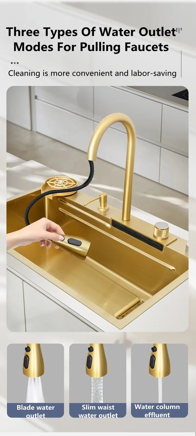 Waterfall Kitchen Sink Single Bowl Kitchen Sinks Gold 304 Stainless Steel Bar Sink With Pull-Faucet，Nano Home Sink  ﻿