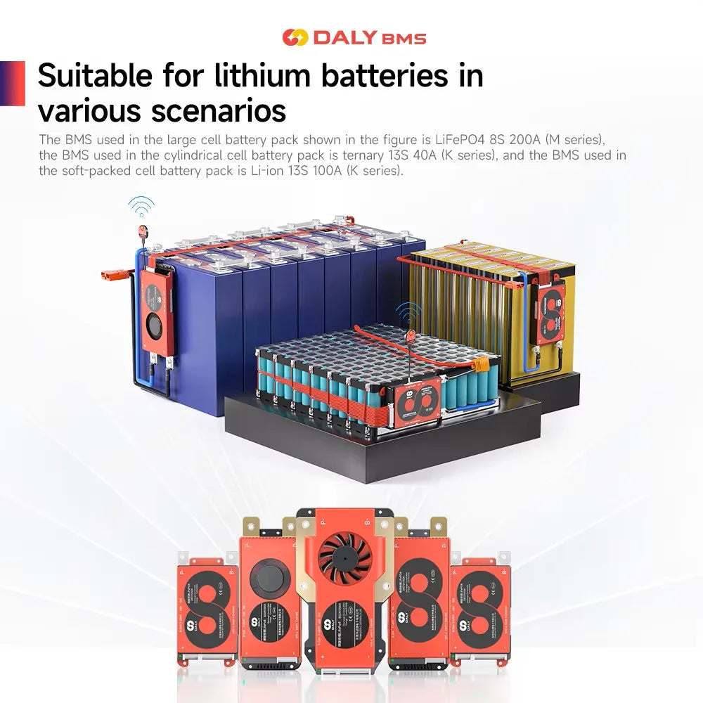 Daly Smart BMS LiFePo4 4S 12V BMS 8S 24S 72V 48V 16S 100A 150A 200A 250A 300A 3.7V Li-Ion BMS 7S 13S 14S 3.2V BMS