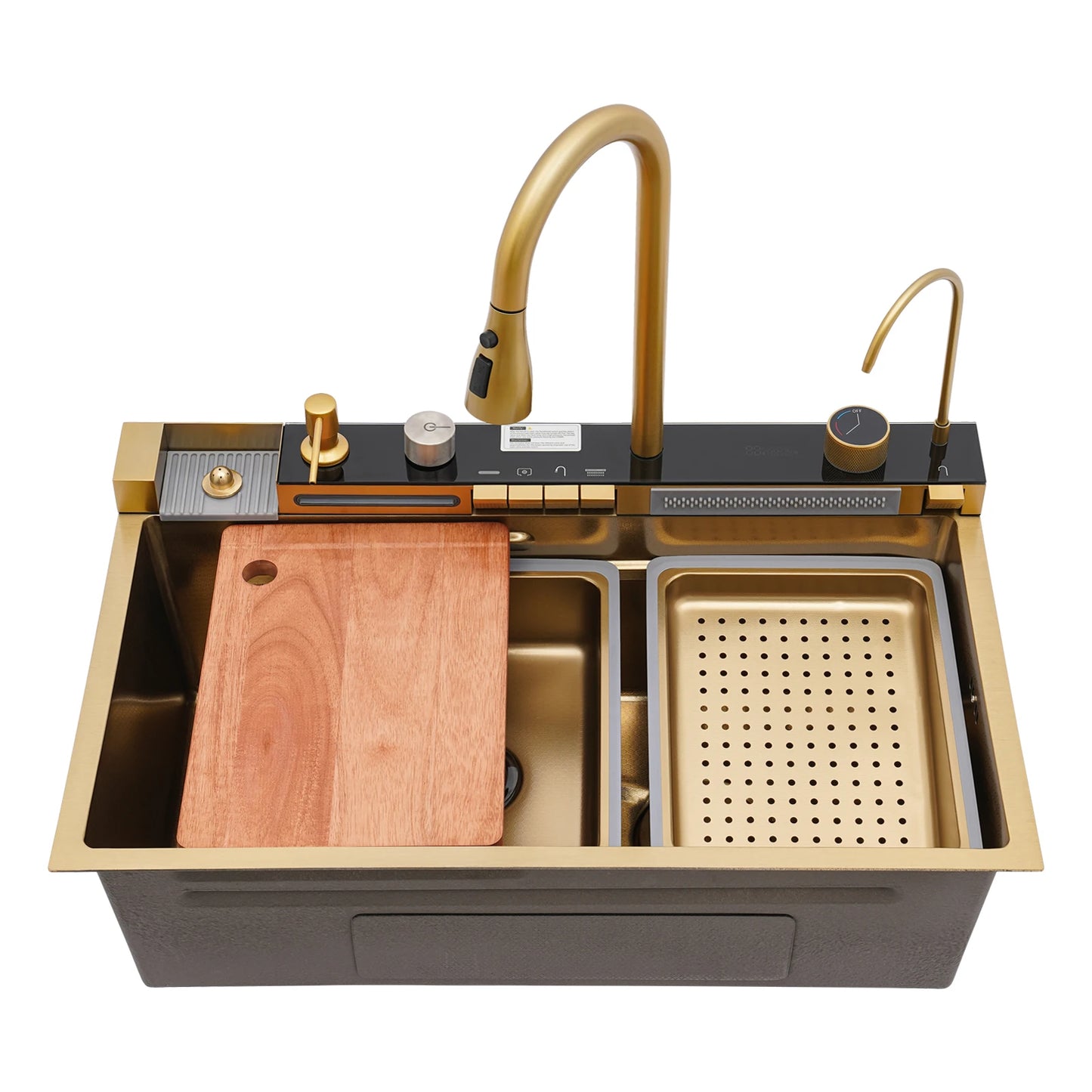 Digital Display Waterfall Kitchen Sink Set with Faucet Hoses| 75*46*22cm Gold Stainless Steel Sink Set for Modern Home