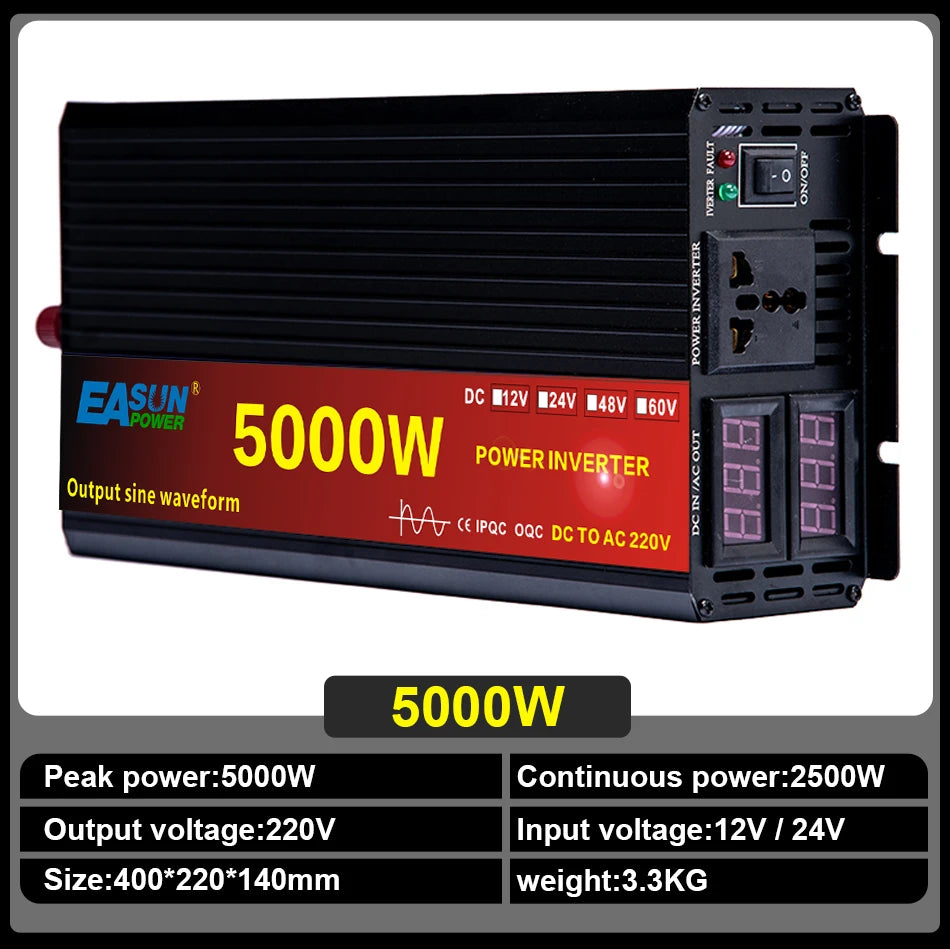 Car Pure Sine Wave Inverter DC 12V 24V To AC 220V 3000W 4000W 5000W Voltage Transformer Power Converter Solar Inverter LCD Dis