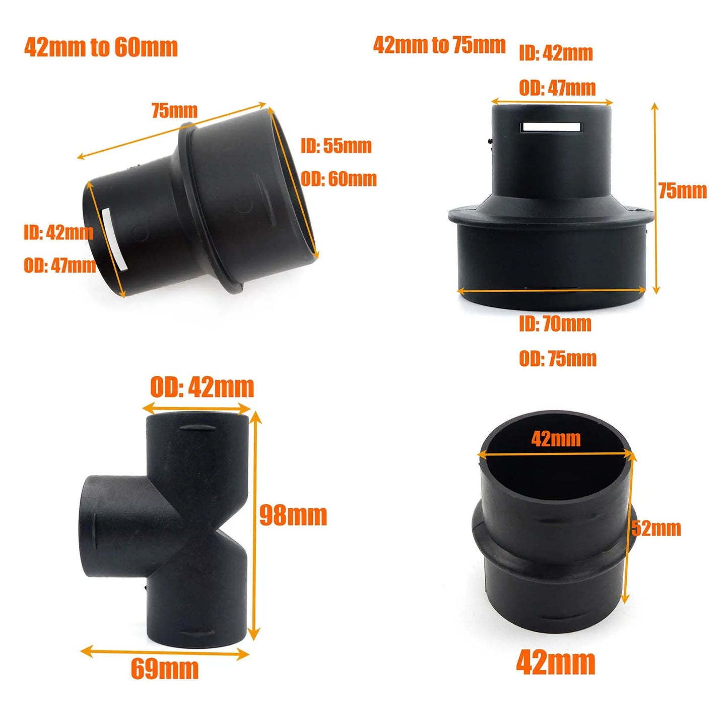 42to60mm 42to75mm Converter + T or Flat Connector Diesel Heater Air Duct Ducting Black For Car Truck VAN Camper