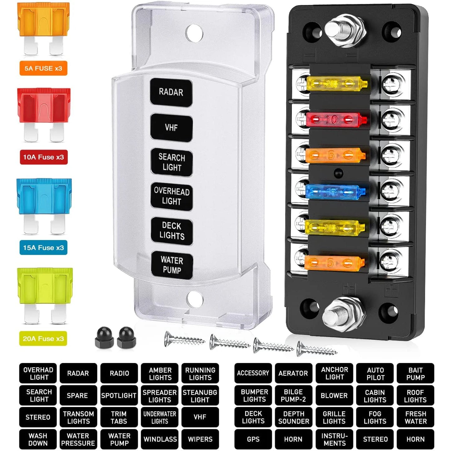 DaierTek 6 Way Fuse Block Blade Fuse Box with Negative Bus 6 Circuit Fuse Holder Fuse Block w/Negative Bus For 12V 24V Auto