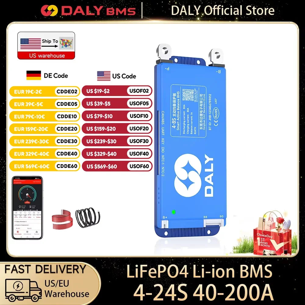 Daly bms Smart BMS 4S lifepo4 bluetooth Wifi bms 8S 24S 40A 60A 80A 1A active balance bms 16s 48v lifepo4 bms Lifepo4 100A