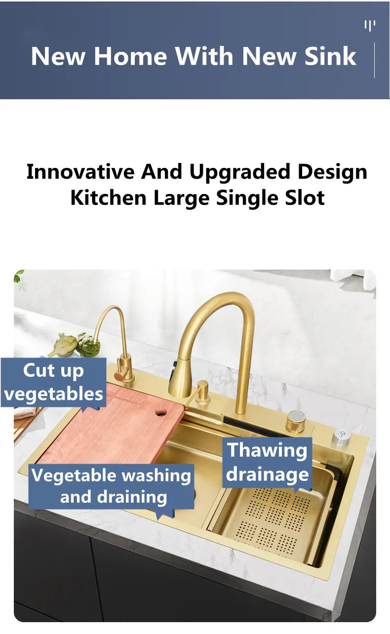 Waterfall Kitchen Sink Single Bowl Kitchen Sinks Gold 304 Stainless Steel Bar Sink With Pull-Faucet，Nano Home Sink  ﻿