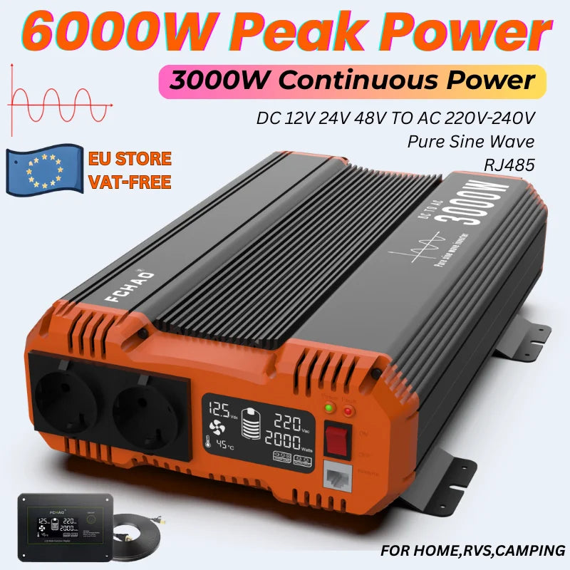 FCHAO 3000W 12V/24V/48V to 220V 230V 50Hz Pure Sine Wave Power Inverter, Car DC-AC Converter with LCD Display & Remote Controller for RV, Truck, Camping, Outdoor, Off-Grid Backup