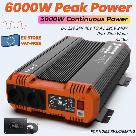 FCHAO 3000W 12V/24V/48V to 220V 230V 50Hz Pure Sine Wave Power Inverter, Car DC-AC Converter with LCD Display & Remote Controller for RV, Truck, Camping, Outdoor, Off-Grid Backup