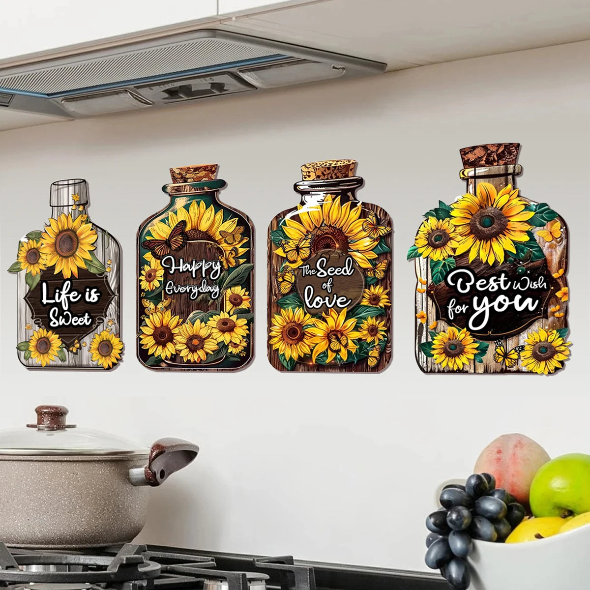4 pcs sunflower kitchen wall stickers, suitable for dining room and home decoration, inspirational English phrases