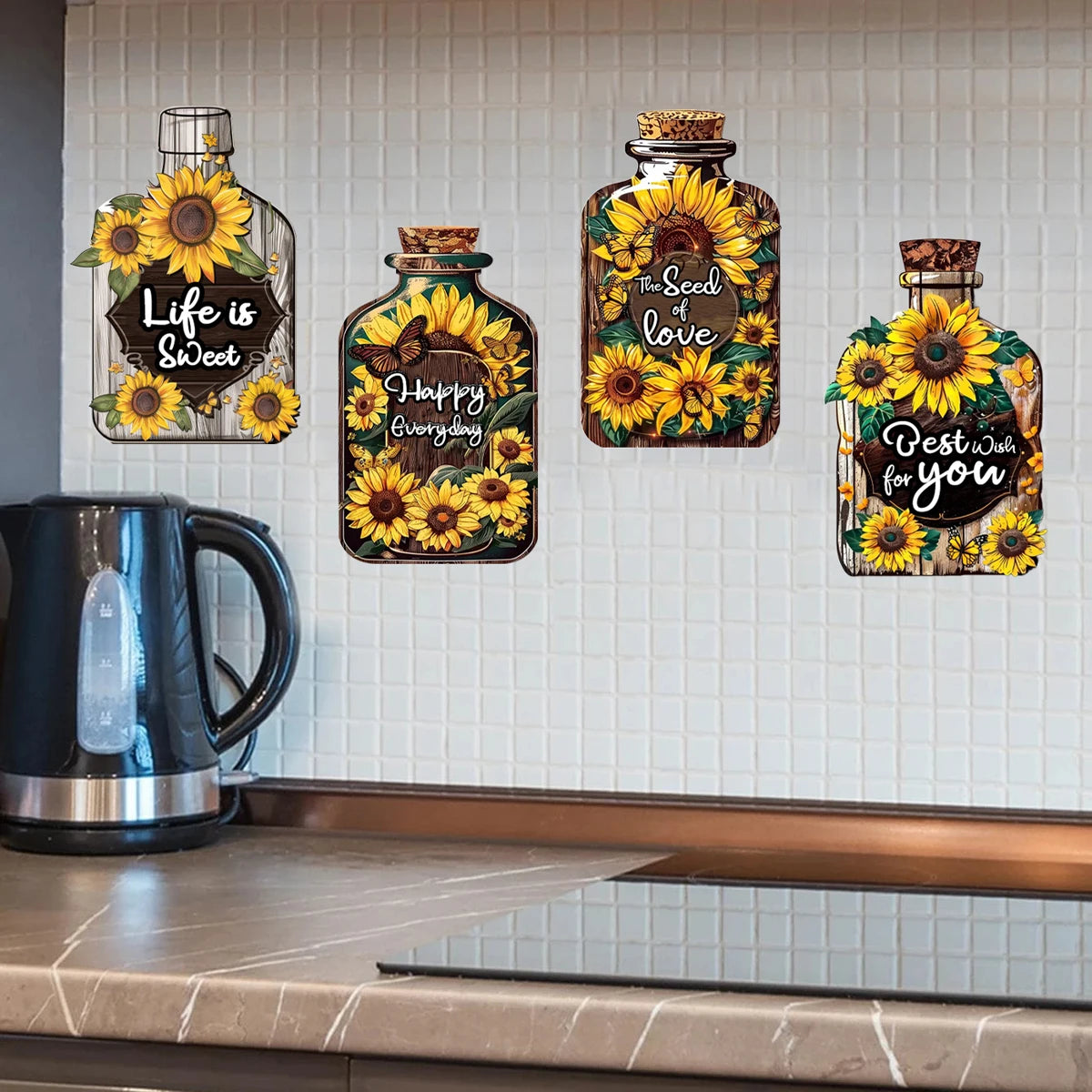 4 pcs sunflower kitchen wall stickers, suitable for dining room and home decoration, inspirational English phrases