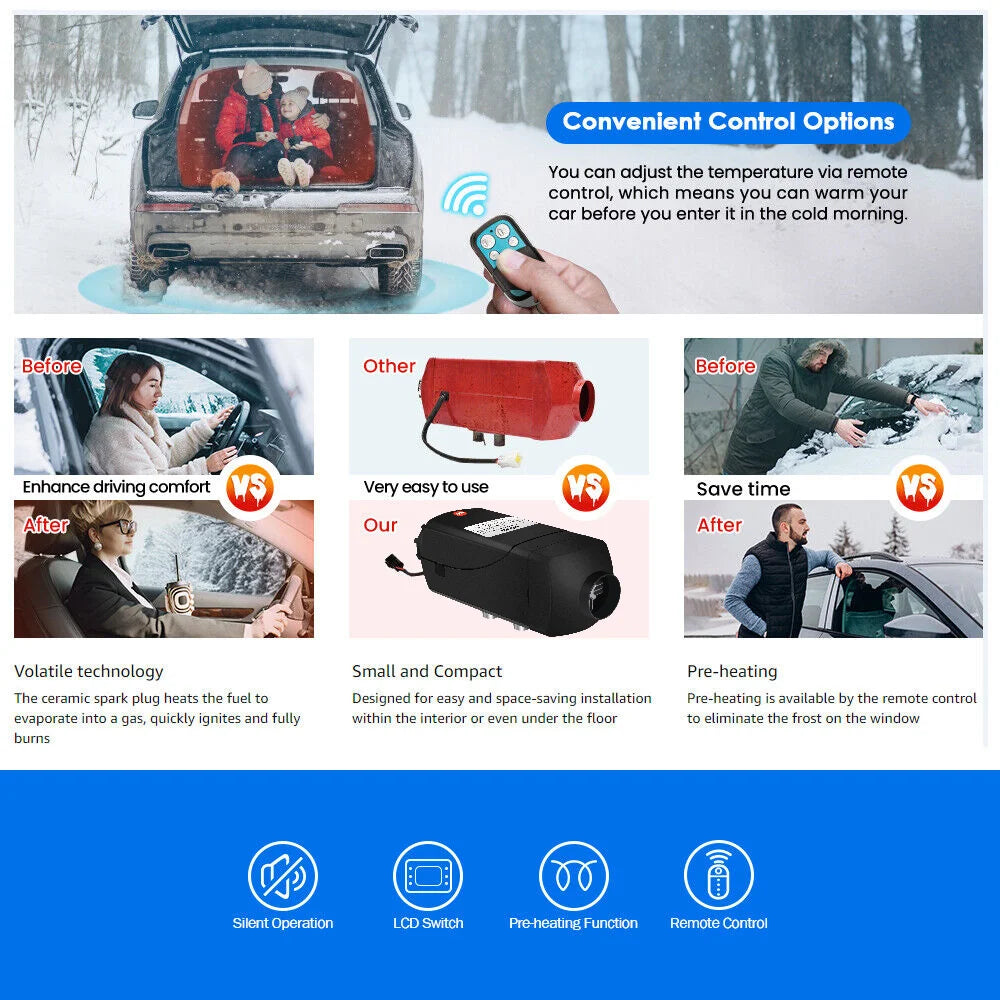 2000W Parking Heater 12/24V 2KW Portable Diesel Heater Automatic Altitude Adjustment Diesel Air Heater for Car SUV Van RV Boat