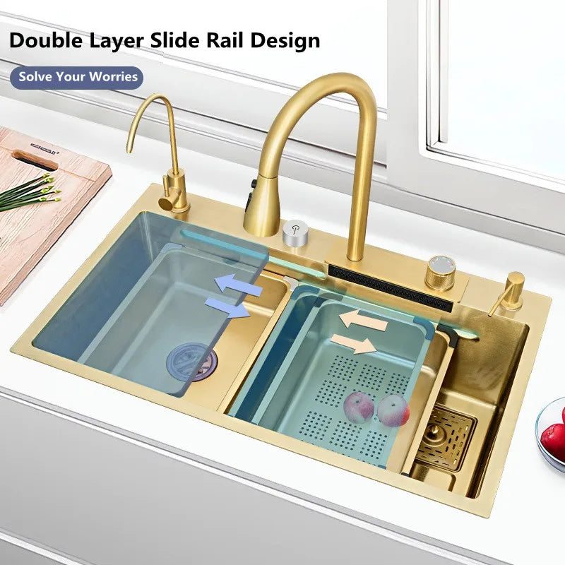 Waterfall Kitchen Sink Single Bowl Kitchen Sinks Gold 304 Stainless Steel Bar Sink With Pull-Faucet，Nano Home Sink  ﻿
