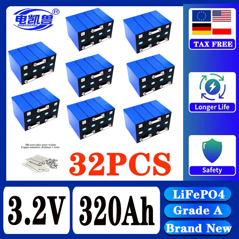 320Ah 8000 cycle LiFePO4 3.2V rechargeable battery, suitable for DIY 12V 24V 48V caravan marine solar energy system no tax