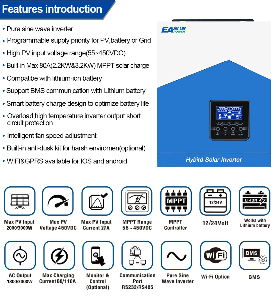 EASUN POWER Hybrid Solar Inverter Pure Sine Wave MPPT 6.2KW 4.2KW 3.2KW 2.2KW 12V 24V 48V 220v Solar Charger Power Home Inversor