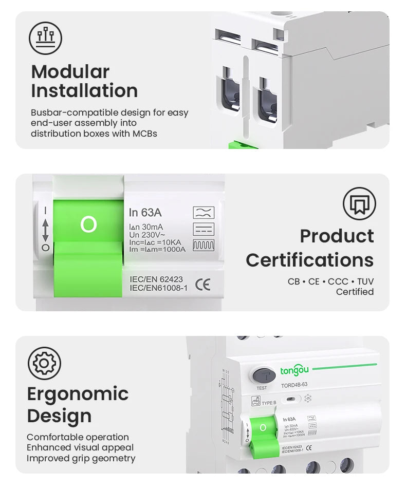 RCCB RCD DC Electric Vehicle EV Charging Pile Residual Current breaker  2P 63A 30mA Type B 10KA  Din Rail Earth Leakage TONGOU