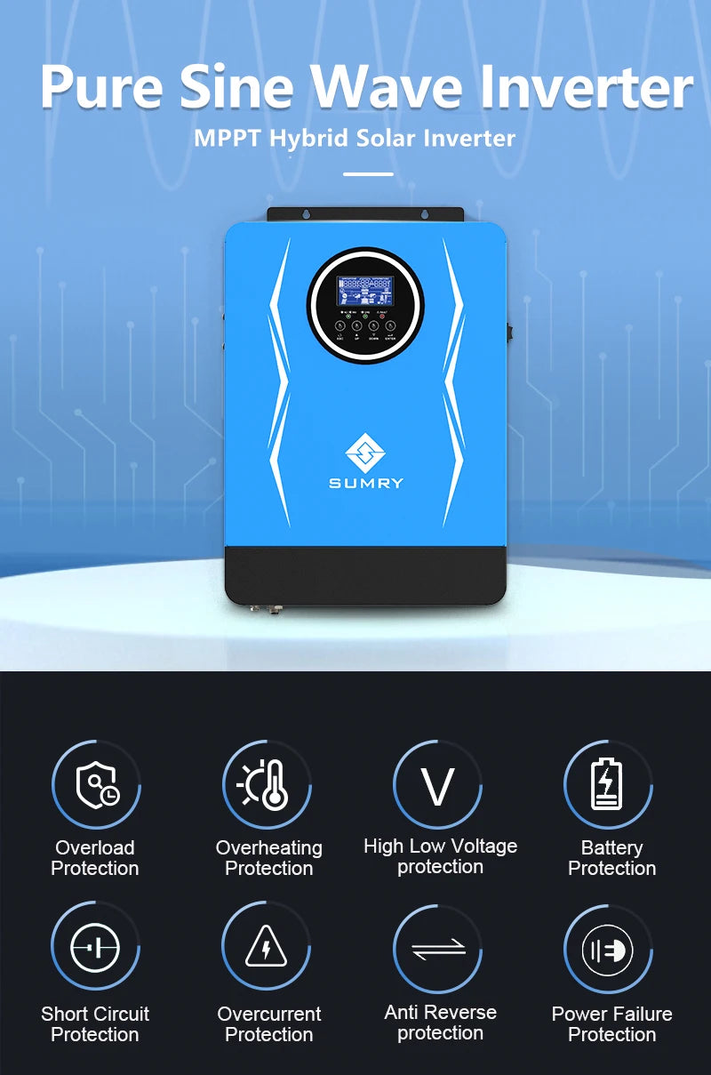SUMRY Hybrid Inverter Off Grid 3kw 3.8kw 6.2kw 24v 48V AC220-240V Solar Inverter MPPT Pure Sine Wave Inverter