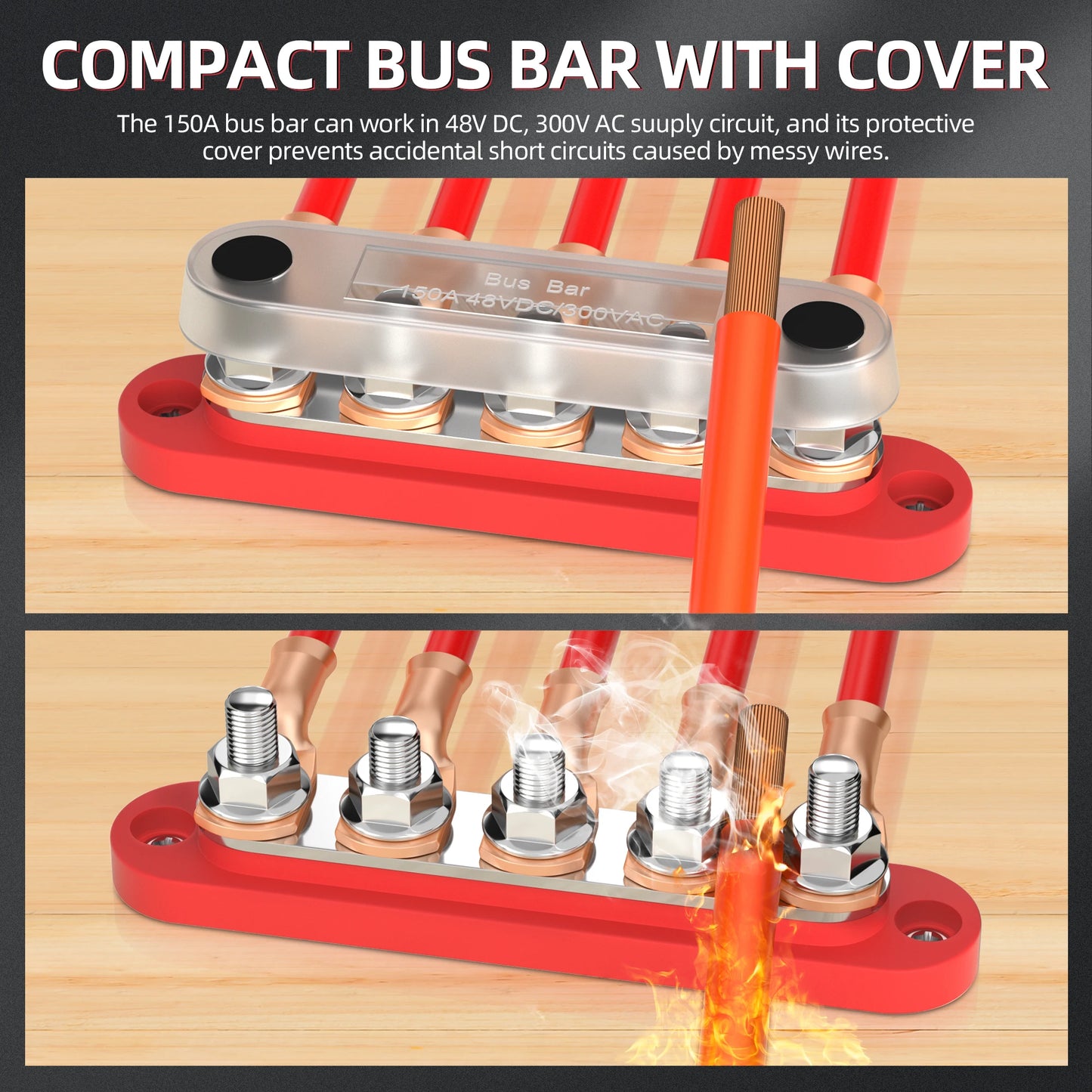 DaierTek Bus Bar 12V Power Distribution Block with Cover 5 x 1/4" Studs Terminal Block Max 150A 48VDC Positive Negative for Auto