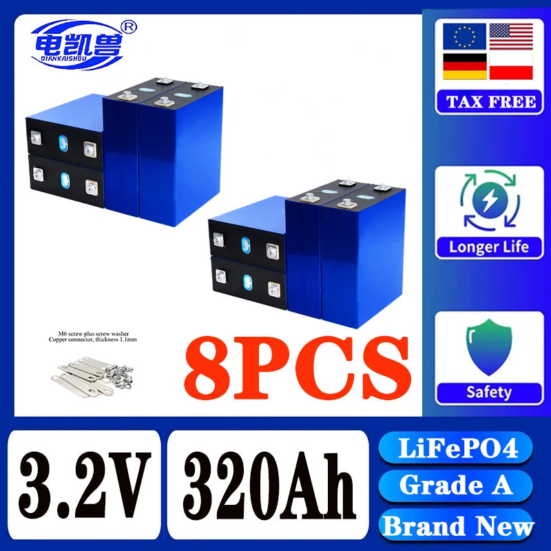 320Ah 8000 cycle LiFePO4 3.2V rechargeable battery, suitable for DIY 12V 24V 48V caravan marine solar energy system no tax