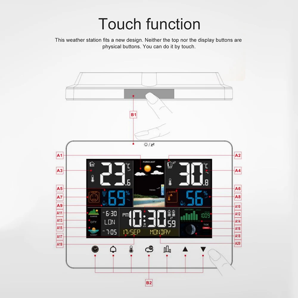 Weather Station Alarm Clock Thermometer Hygrometer Touch Screen Wireless Sensor Sunrise Sunset Multifunction Hygrothermograph