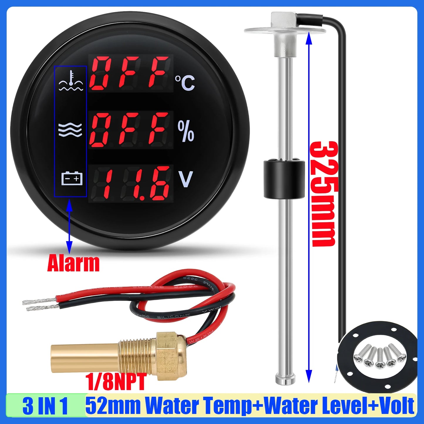 Red Backlight Digital 52mm Gauge Multifunctional Water Temp+Water Level+Voltage with Alarm Sensor for Car Boat Yacht DC12V 24V