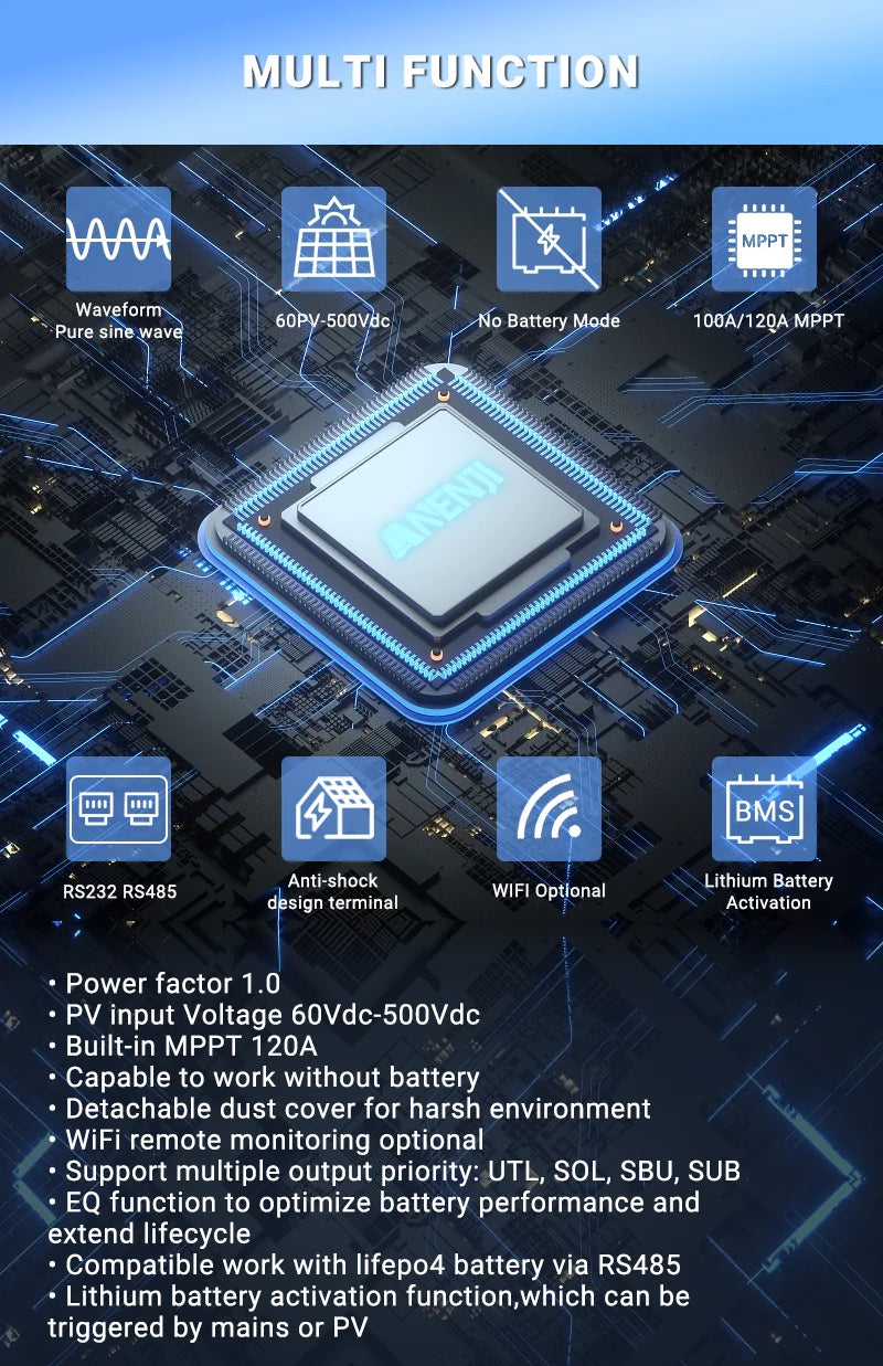 Hybrid Solar Inverter 11KW 6.2KW 4.2KW 2KW MPPT Pure Sine Inverter 48V 24V 12V Built-in 160A 120A 100A  Solar Charger PV 500VDC