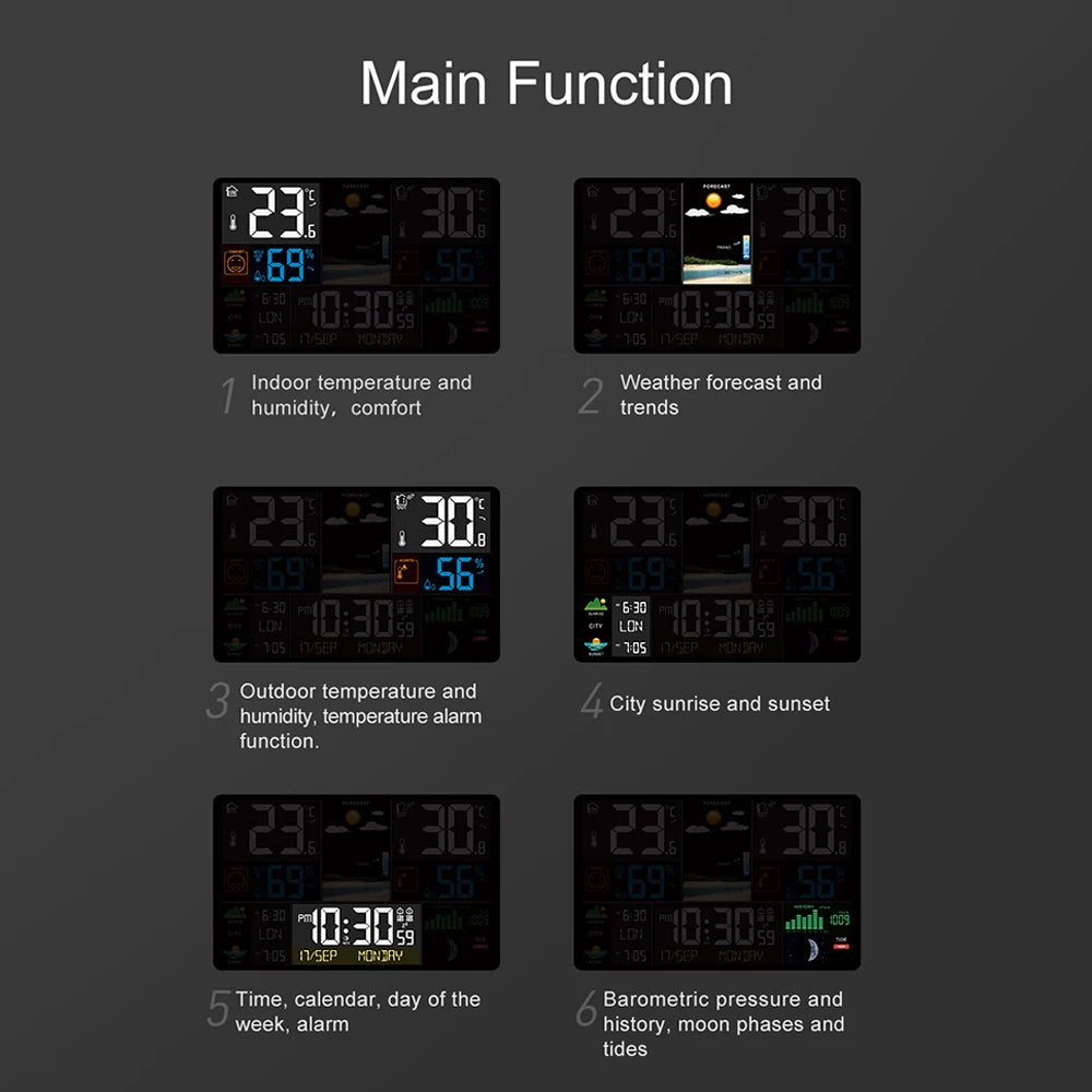 Weather Station Alarm Clock Thermometer Hygrometer Touch Screen Wireless Sensor Sunrise Sunset Multifunction Hygrothermograph