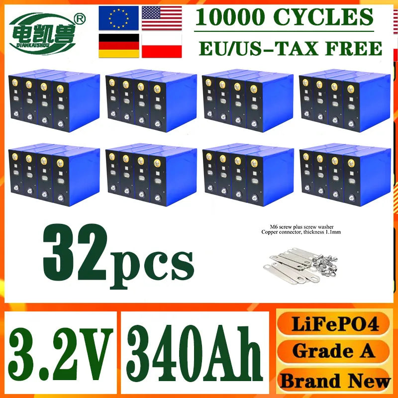 DIANKAISHOU  A-grade 3.2V 340AH 10000 cycles Lifepo4 rechargeable battery DIY 12V 24V 48V electric boat solar system tax-free