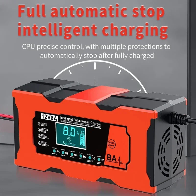 Smart 12V 8A Car Battery Charger Pulse Repair Quick Charge for Auto Moto AGM GEL WET Lead Acid LiFePO4 Battery Charging