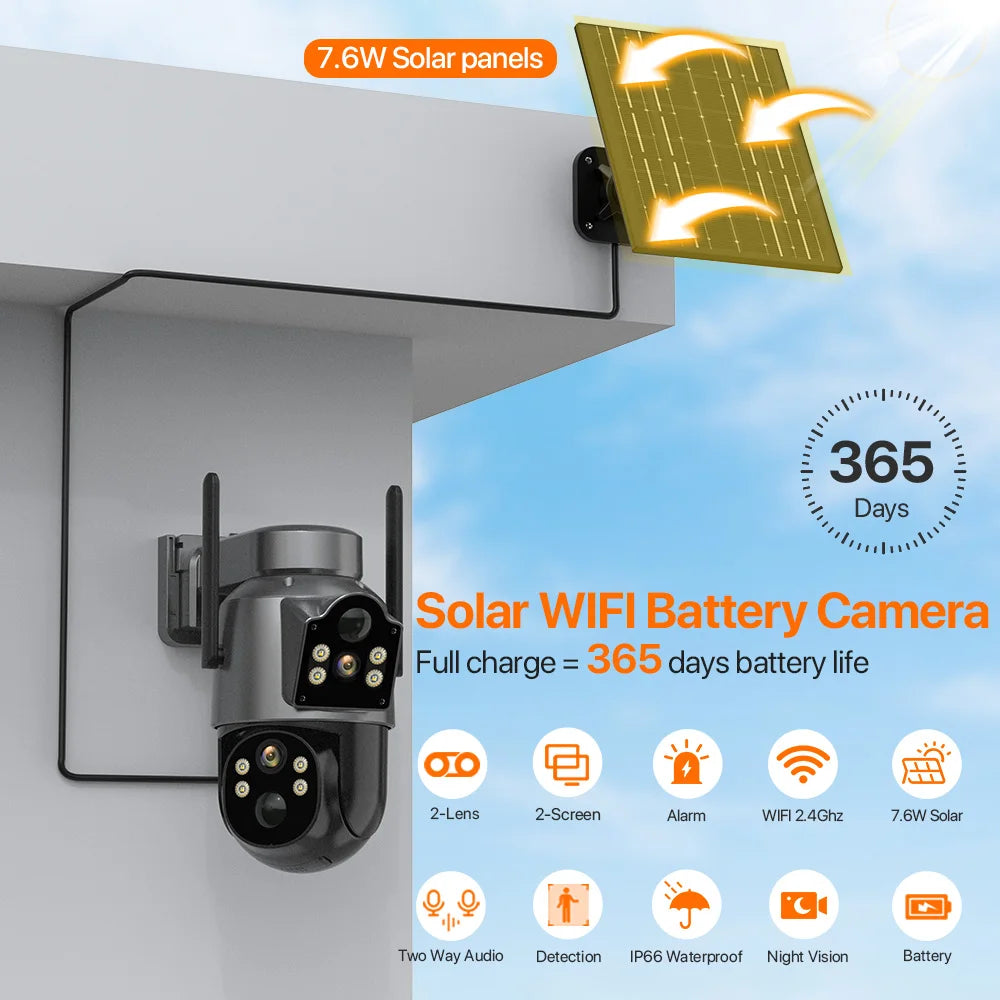 4MP Wireless Outdoor 7.6W Dual lens Built-in Battery Solar Camera 1080P 5W Long Time Standby PIR IP  Solar Camera Security iCsee