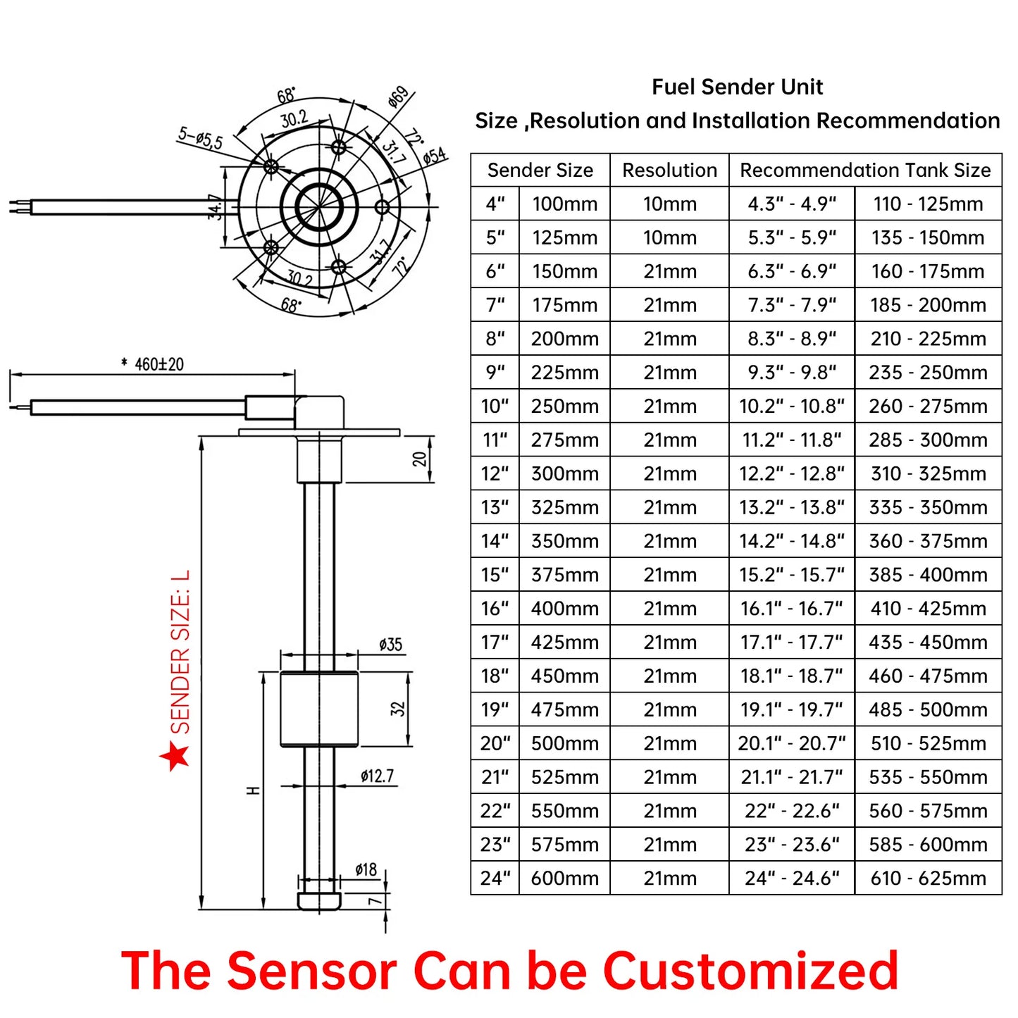 Water Level Gauge Water Level Sensor 52mm Water Level Meter Indicator With Red Light 100-500mm 0-190 Ohm Sensor 12V24V Custom