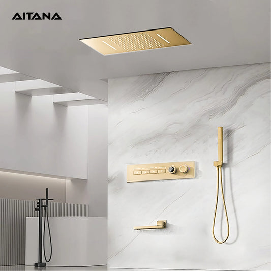 Modern brushed gold brass LED digital ceiling embedded shower system. Thermostatic 4-function waterfall/rain shower bathroom Tap