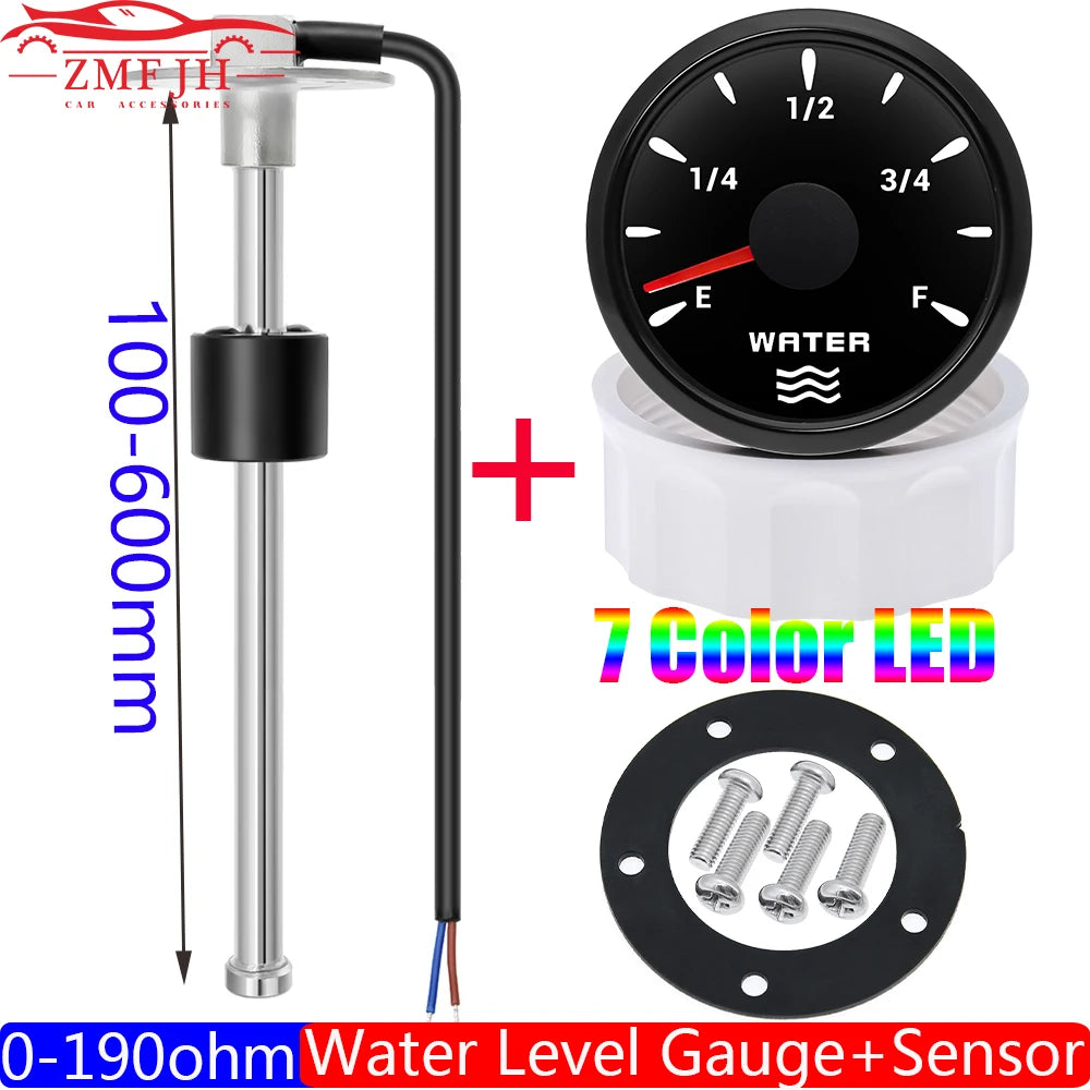0-190 ohm Fuel Float Sensor + 52mm Fuel Level Gauge 7 Color Light Waterproof IP67 Oil Tank Meter Indicator Car Yacht 12V 24V