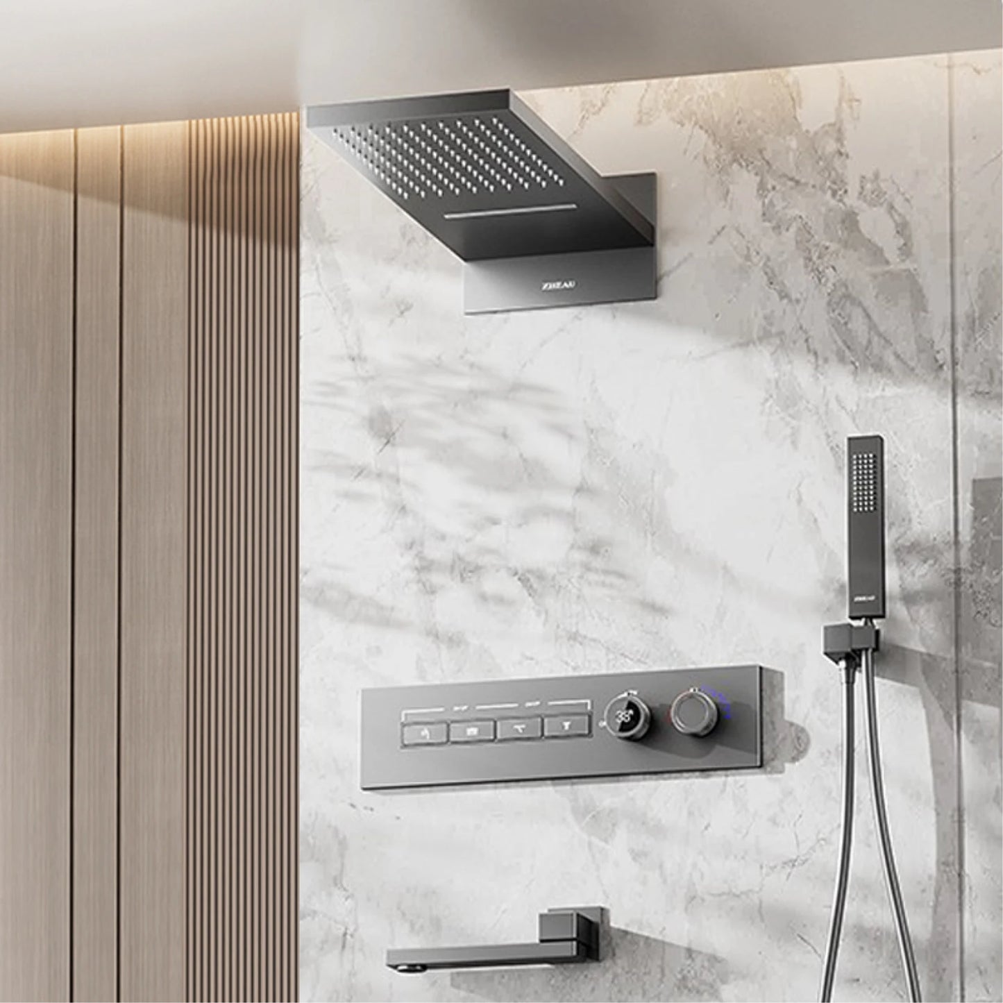 Modern brushed gold brass LED digital ceiling embedded shower system. Thermostatic 4-function waterfall/rain shower bathroom Tap