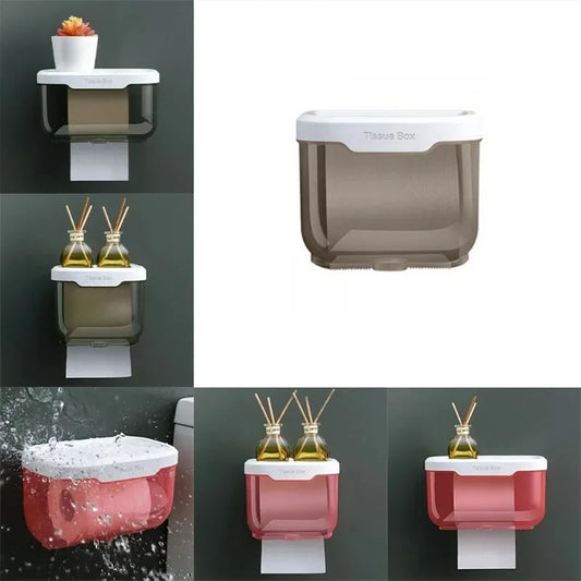 Wall Mounted Toilet Paper Holder Waterproof Tissue Box with Shelf Bathroom Organizer Kitchen Multi Purpose Storage Dispenser