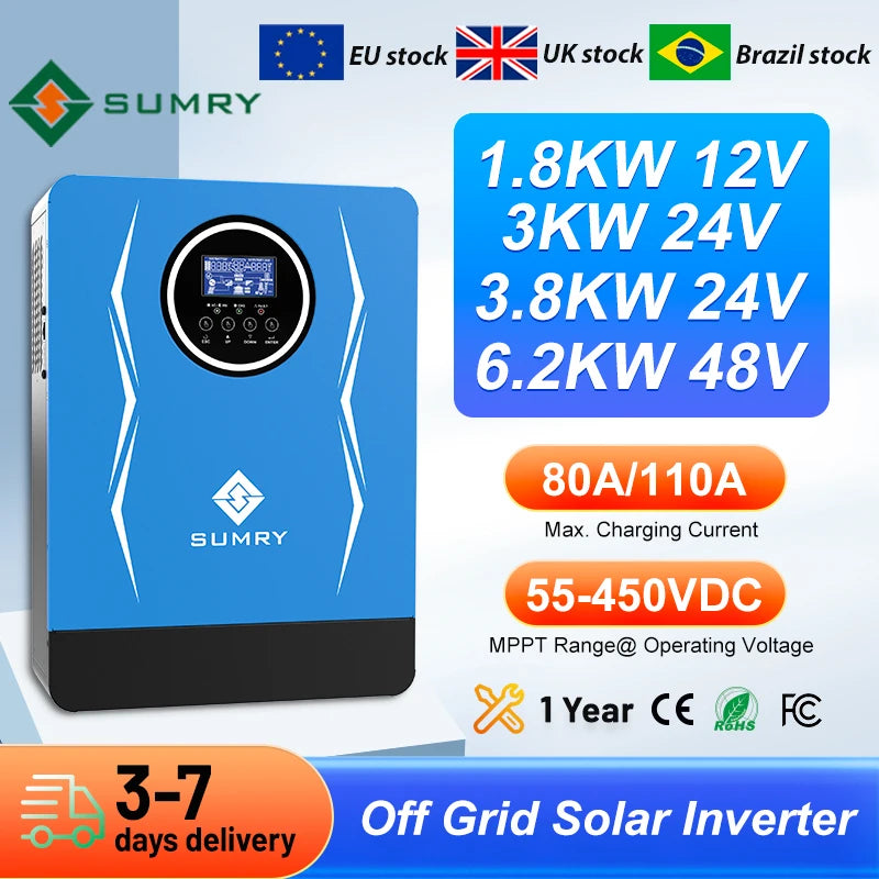 SUMRY Hybrid Inverter Off Grid 3kw 3.8kw 6.2kw 24v 48V AC220-240V Solar Inverter MPPT Pure Sine Wave Inverter